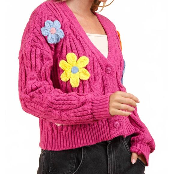 NEW VERY J statement flower cardigan in pink - Picture 5 of 6